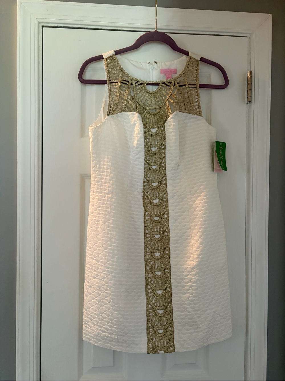 Lilly Pulitzer White Shift Dress with Gold Lace Accent